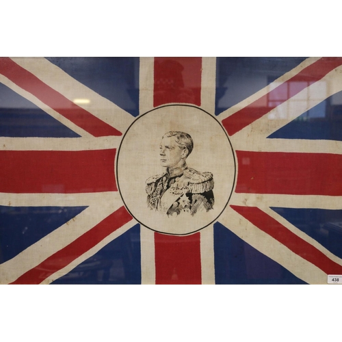 438 - Printed silk Union Jack flag with central vignette depicting a bust length profile portrait of King ... 