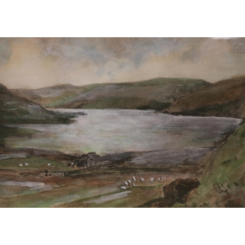 443 - Manner of TOM SCOTT, St Mary's Loch, watercolour, unsigned, 15cm x 22cm, in Hogarth style frame 37cm... 