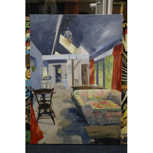 447 - PENNY LOCHHEAD, house interior, oil painting on canvas, signed lower right, 84cm x 60cm and two Marv... 