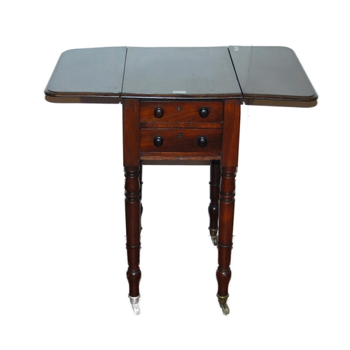 430 - 19th century mahogany work table with two short drawers and opposing drawer façades, drop sides, on ... 