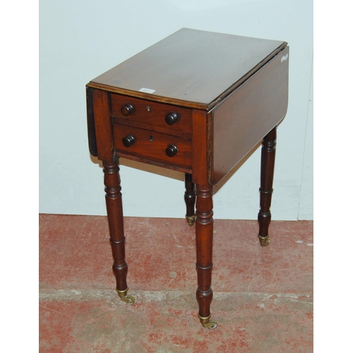 430 - 19th century mahogany work table with two short drawers and opposing drawer façades, drop sides, on ... 