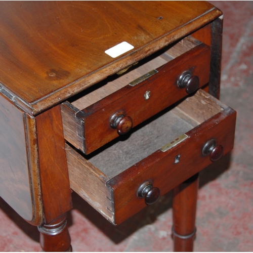 430 - 19th century mahogany work table with two short drawers and opposing drawer façades, drop sides, on ... 