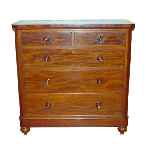 431 - Victorian mahogany chest of two short and three long drawers, with turned handles, on spindle feet, ... 