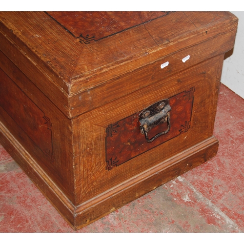 434 - Victorian pine blanket chest, the hinged top with scumbled panel, enclosing fitted candle box and tw... 