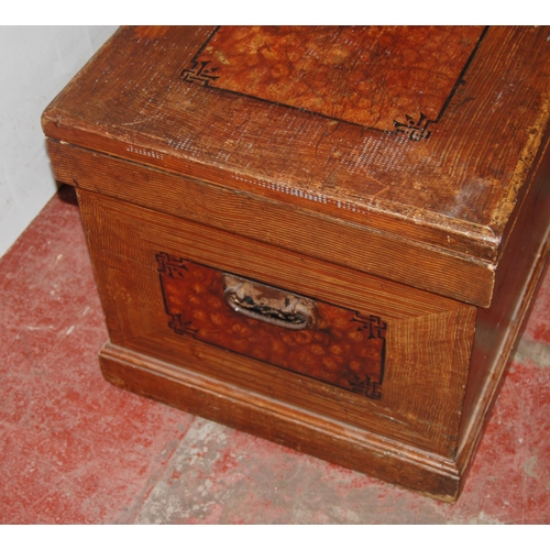 434 - Victorian pine blanket chest, the hinged top with scumbled panel, enclosing fitted candle box and tw... 