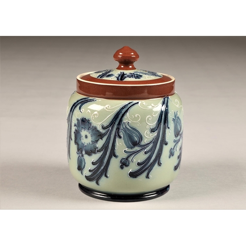 174 - McIntyre Tobacco jar and cover, brown bands with blue stylised flower decoration, brown factory stam... 