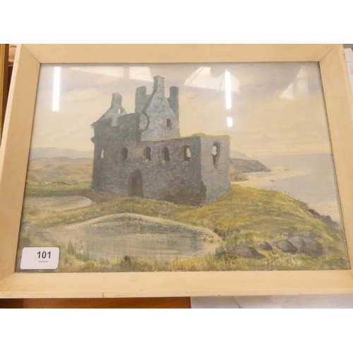 101 - Watercolour of Dunskey Castle, Port Patrick and two other pictures..