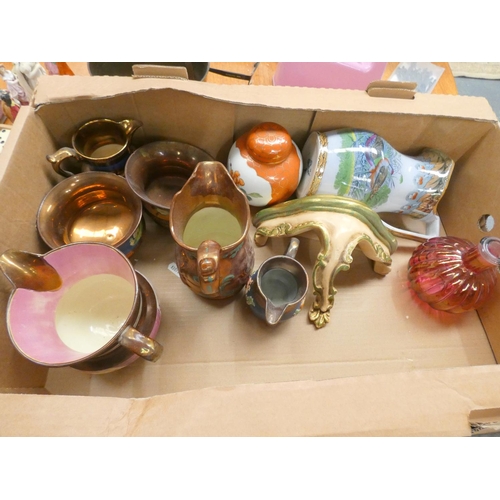 102 - Box of various copper lustre ware, ginger jars etc.