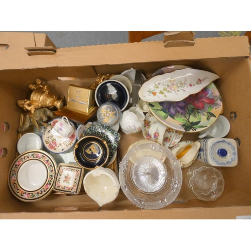 104 - Large box of collectables to include trinket boxes, Wedgwood, Derby etc.