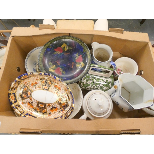 121 - Large box of ceramics to include Devonport dish, jugs, teapot etc.