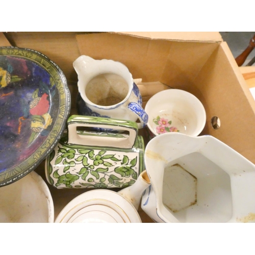 121 - Large box of ceramics to include Devonport dish, jugs, teapot etc.