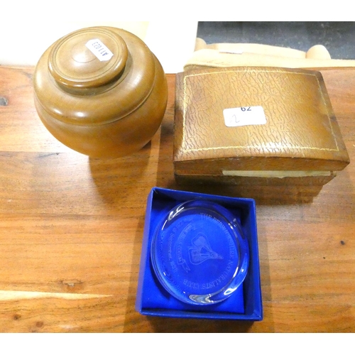 62 - Sycamore lidded pot, paperweight and small box of stamps.