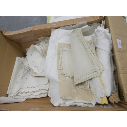 78 - Large box of various vintage linens to include table cloths etc.