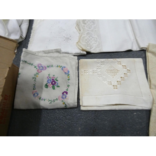 78 - Large box of various vintage linens to include table cloths etc.