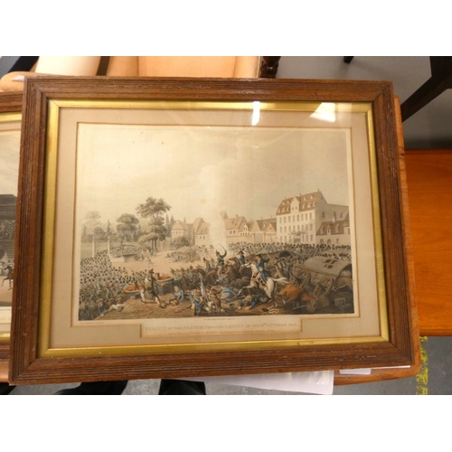 83 - Three oak framed prints to include Waterloo and Grand Entry of Allied Sovereigns into Paris.