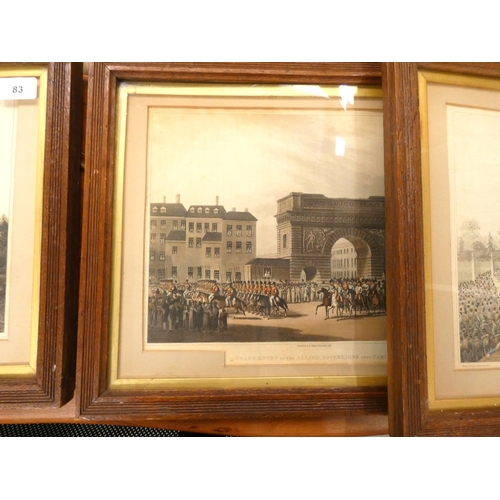 83 - Three oak framed prints to include Waterloo and Grand Entry of Allied Sovereigns into Paris.