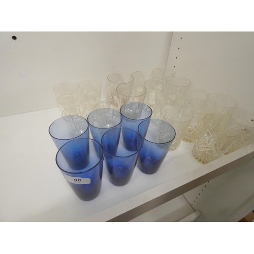 98 - Various cut glass tumblers and six blue glasses.