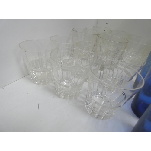 98 - Various cut glass tumblers and six blue glasses.