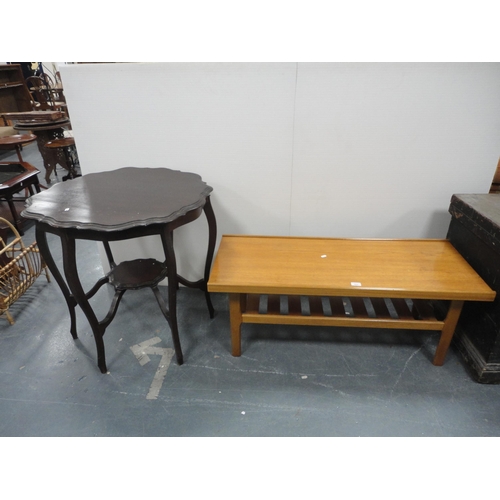 322 - Teak coffee table and a mahogany piecrust-edge window table.  (2)