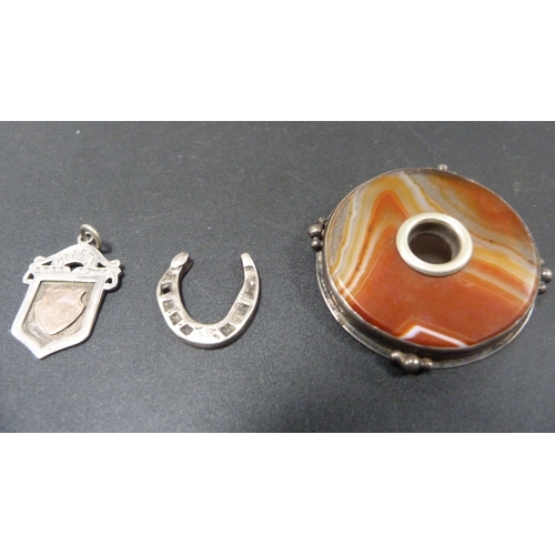 229 - Silver and agate brooch, silver horseshoe pendant and silver medal fob, bearing unmarked gold cartou... 