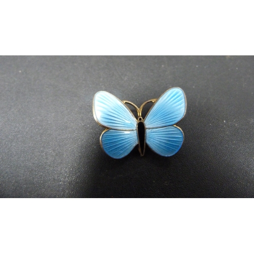 233 - Norwegian silver gilt and blue guilloché enamel butterfly brooch and a sterling silver greyhound bro... 