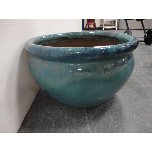 309 - Blue glazed terracotta garden planter.