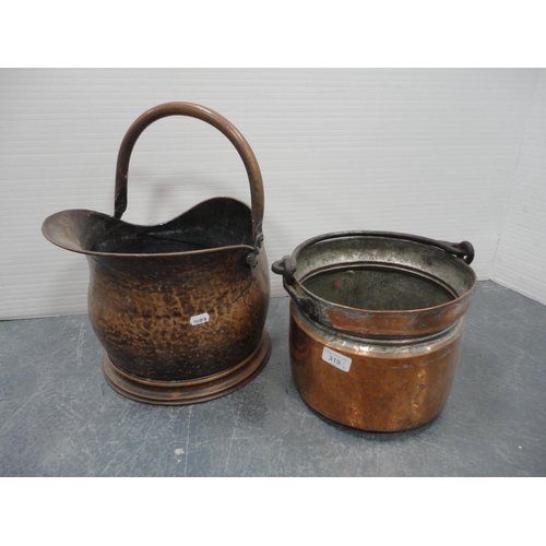 319 - Antique copper coal depot with iron swing handle and another copper coal depot.  (2)