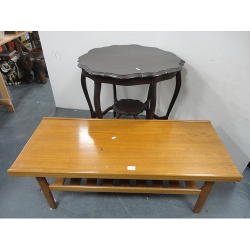 322 - Teak coffee table and a mahogany piecrust-edge window table.  (2)