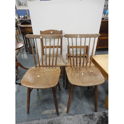 326 - Pair of Arts & Crafts parlour chairs and a pair of Vintage spindle-back chairs in the manner of ... 