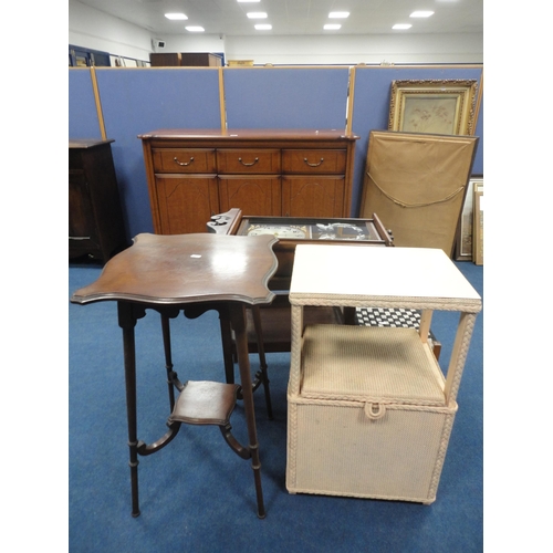 354 - Modern sideboard, occasional tables, stool and wall clock.