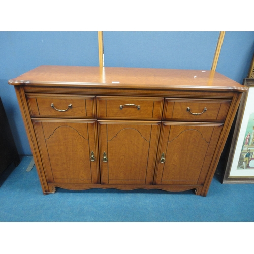 354 - Modern sideboard, occasional tables, stool and wall clock.