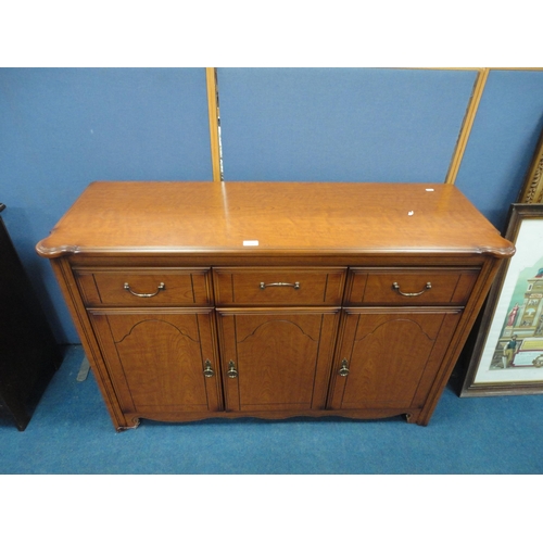 354 - Modern sideboard, occasional tables, stool and wall clock.