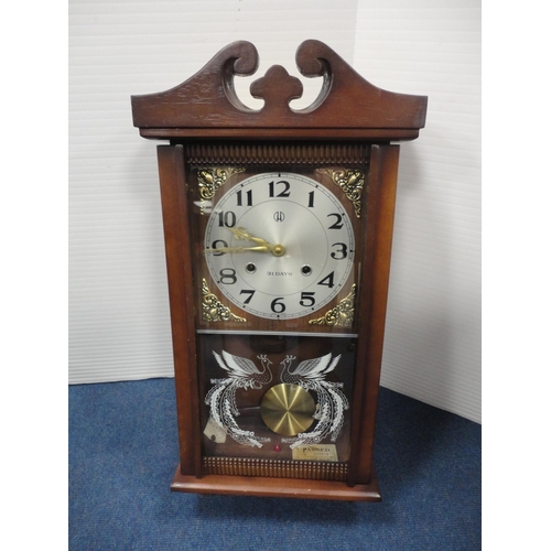 354 - Modern sideboard, occasional tables, stool and wall clock.