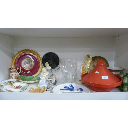 66 - Pottery tagine, BW&M crescent dish, decorative figures to include Coalport 'The Goose Girl' and ... 