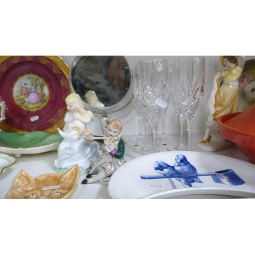 66 - Pottery tagine, BW&M crescent dish, decorative figures to include Coalport 'The Goose Girl' and ... 