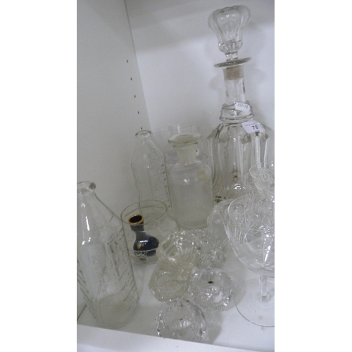 78 - Glassware to include a Georgian-style decanter, assorted crystal glasses, green glass bottle, glass ... 