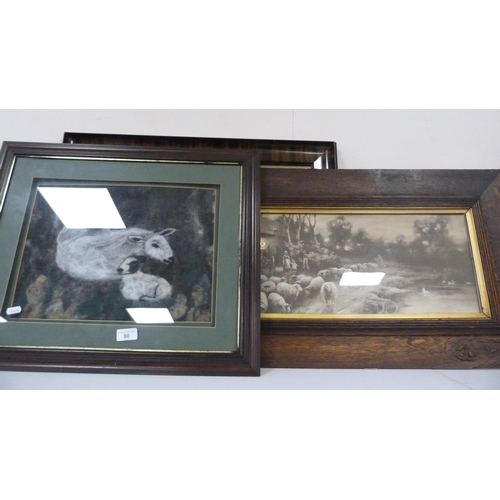 90 - Naomi BankheadHand-felted picture of sheep, also a Victorian print of sheep and a watercolour of a h... 