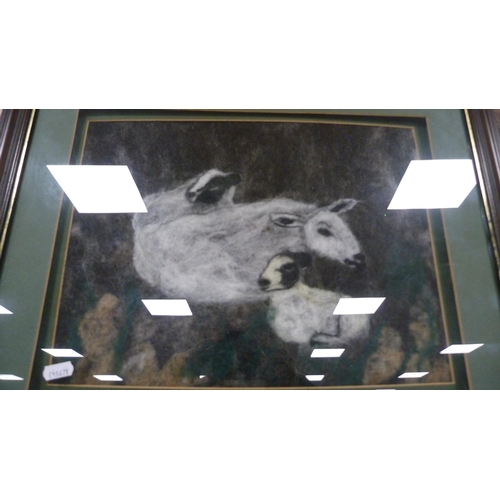 90 - Naomi BankheadHand-felted picture of sheep, also a Victorian print of sheep and a watercolour of a h... 