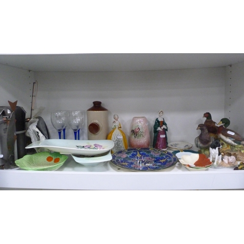 94 - Two Carlton Ware relief decorated dishes, Royal Doulton plate, figurines, model birds etc (one shelf... 