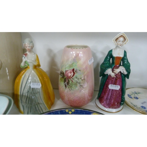 94 - Two Carlton Ware relief decorated dishes, Royal Doulton plate, figurines, model birds etc (one shelf... 