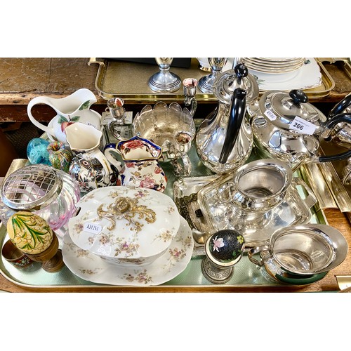 266 - EPNS three-piece tea set, Mason's jug, paperweight, sauce tureen, etc