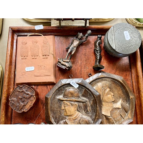 279 - Miniature print of Edinburgh, silver plated tray, small bronze bust of classical figure, etc