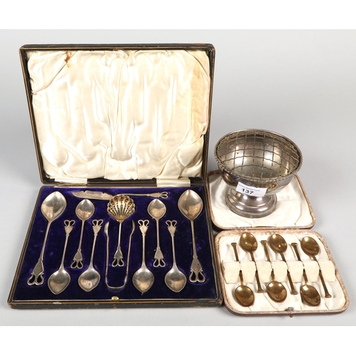 137 - Epns afternoon tea set comprising 6 teaspoons, pair tongs,sifter spoon, butter knife and two serving... 