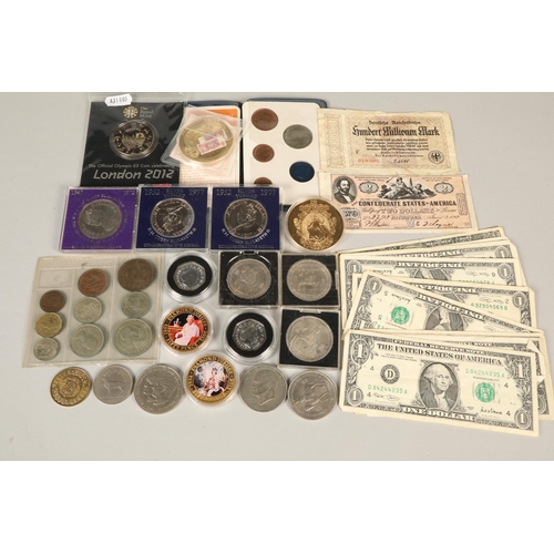 149 - A collection of various coinage and banknotes to include silver wedding crown, 2012 Olympic crown et... 