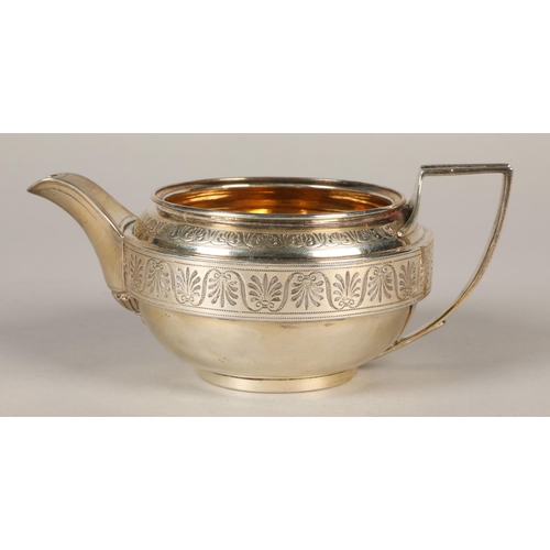 183 - A George 3rd silver Batchelors teapot with engraved bandLondon 1808 (missing cover) 170 grams