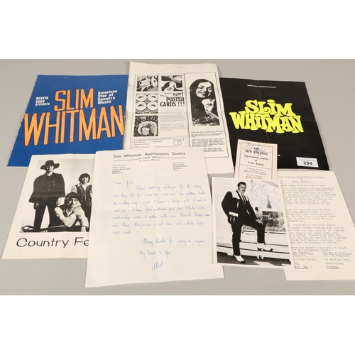 294 - Music-interest: signed Slim Whitman photograph, Slim Whitman Appreciation Society of Great Britain e... 