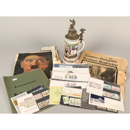 306 - German military stein, assorted postcards, German literature of Nazi-interest