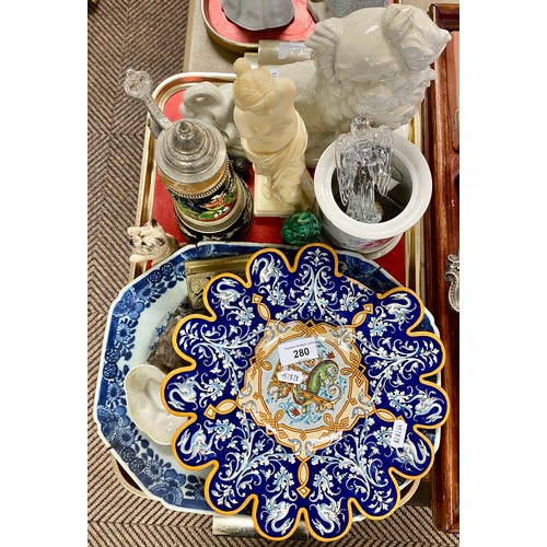 280 - Oriental plate, ceramic dog figures, stein, etc