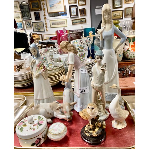 281 - Lladro cow figurine, two Miquel Requena lady figures, etc