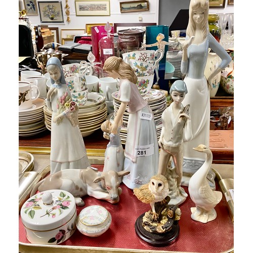 281 - Lladro cow figurine, two Miquel Requena lady figures, etc